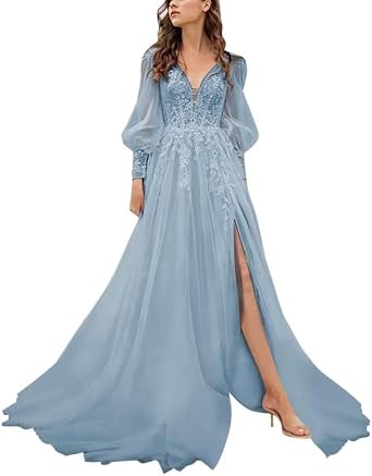 Lace Applique Long Sleeve Prom Dresses for Women 2024 Tulle A Line Ball Gown V Neck Wedding Formal Evening Gowns Dusty Blue