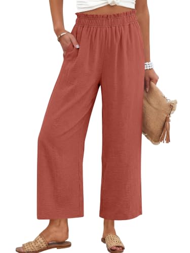Image of ANRABESS Womens Wide Leg Cropped Palazzo Pants | Lightweight Breathable Elastic High Waisted Pants, Beach Vacation Flowy, Lounge & Casual Summer Trousers with Pockets