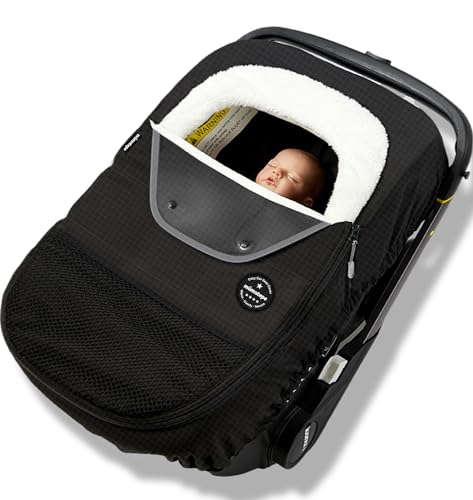 Image of Mamatepe Winter Car Seat Cover for Babies,Carrier Cover with Zippers and Elastic Edge, Carseat Canopy to Protect Baby from Cold Wind,Rain & Snow Repellent, Universal Fit for Infant Car Seat (Black)