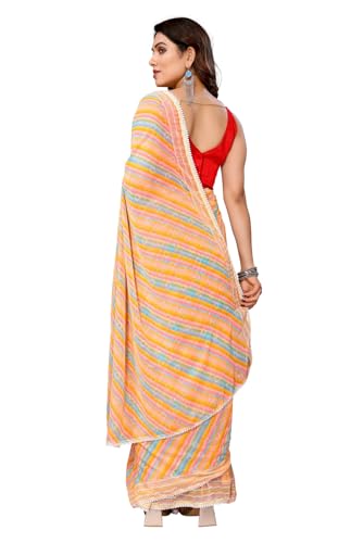 Image of ROOP SUNDARI SAREES Readymade Pleated Pre Drape Stitched Floral Printed Georgette Saree For Women's With Lace Border & Blouse(Ready To Wear One Minute)