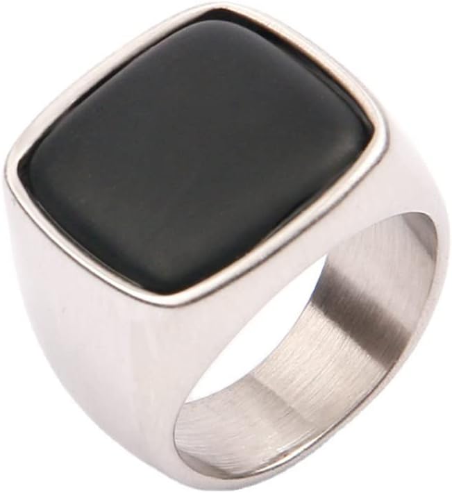 Bague Homme Acier Inoxydable – Style Carré Vintage Avec Onyx Et Grenat – Anti-allergique
