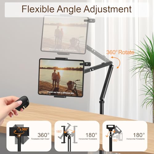 Image of Houele Tablet Floor Stand with Remote Page Turner, iPad Floor Stand Kindle Holder with Removable Tray for Bed, Height Adjustable Tablet Mount iPad Holder for 4.7 inch -15.6 inch Kindles iPads and Phones