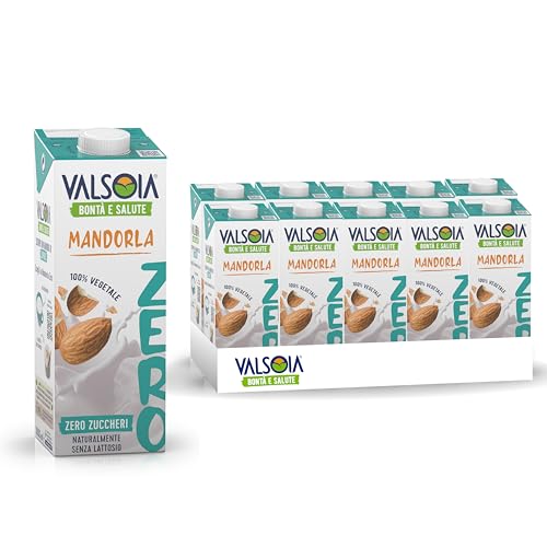 Valsoia - Bevanda Mandorla Zero Zuccheri, Box da 10 Tetra Brik da 1000 ml, 100% Vegetale, Senza Lattosio e Glutine, con Calcio e Vitamine, Ideale anche per Vegani, Vegetariani e Celiaci