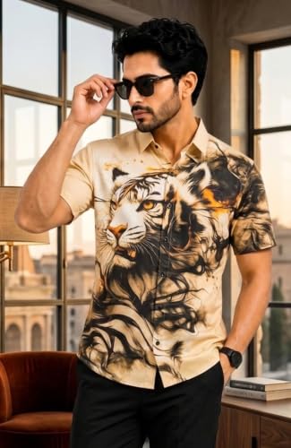 Image of Men's Watercolor Lion Print Button-Down Shirt, Short Sleeve, Casual Summer Wear, White
