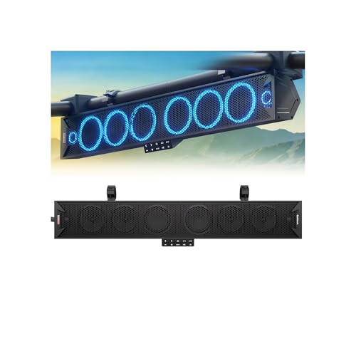 GoHawk 34 Inch UTV Sound Bar, 8-Speaker Bluetooth ATV Sound Bar with RGB Lights, IP66 Waterproof SXS & Golf Cart Sound bar Compatible with Polaris RZR Can-Am w/FM Radio, Fits 1.5'–2.25' Roll Cages