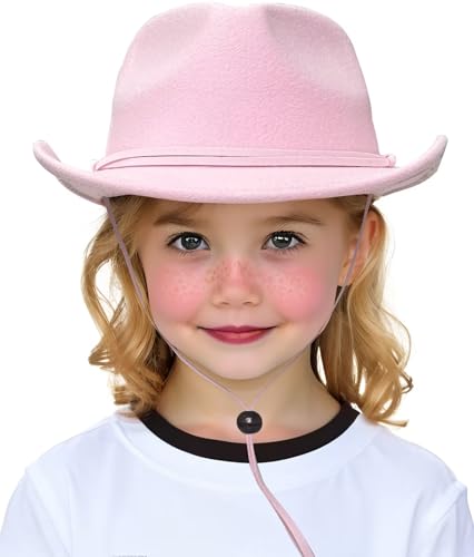 Lanzom Kids Girls Boys Retro Felt Wide Brim Western Cowboy Cowgirl Hat Dress Up Hat with Wind Lanyard3