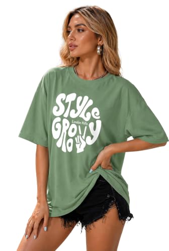 Image of London Hills Oversized Tshirt for Woman | t Shirt for Woman Oversized Fit Printed Round Neck | Tops for Woman's | Women t Shirt Loose Fit Drop Shoulder | t Shirts for Women | Western Tops