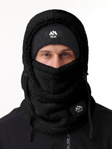 VELAI Balaclava Fleece Ski Mask for Men Women Winter Face Masks Windproof Hooded Scarf Cold Weather Hat Neck Warmer(Black) - Thumbnail 2