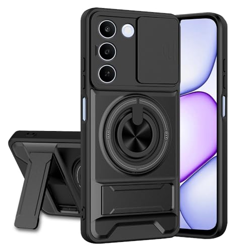 Image of Realme C83 5G Back Cover | Armor Camera Slider 360 Degree Rotating Finger Ring Holder Case with Bracket Stand Back Case Cover (Compatible with MagSafe Accessories) (Black)