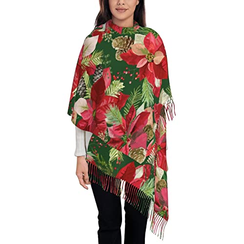 Poinsettia Christmas Flower Winter Soft Scarf For Women Casual Warm Tassel Shawls