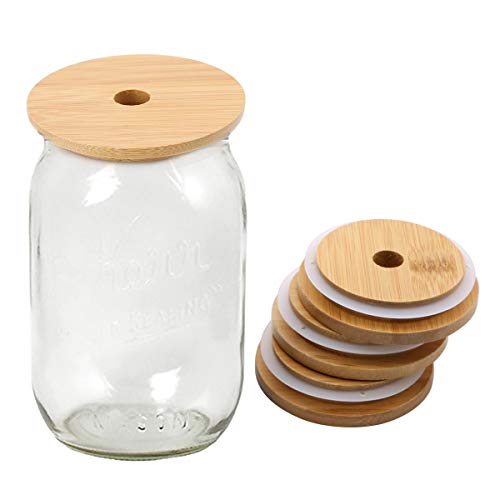 4Pcs Regular Mouth Bamboo Mason Jar Lids with Straw Hole Reusable Bamboo Caps Leak-Proof Glass Canning Drinking Storage Jars Lid Covers (70mm)