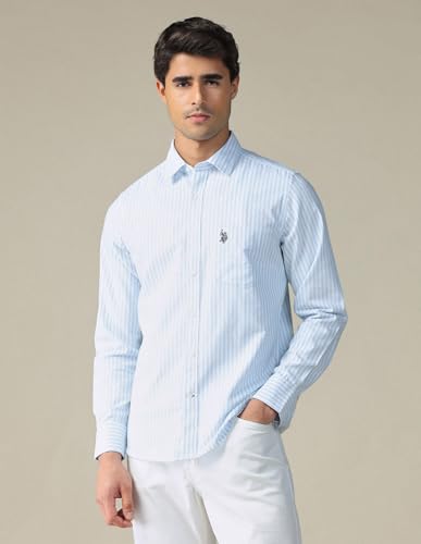 Image of U.S. Polo ASSN. Striped Regular Fit Shirt for Men - 100% Cotton, Breathable & Comfortable, Full Sleeves Casual Shirt for Men