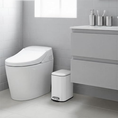 Image of GarveeHome 1.3 Gal Slim Trash Can, Step Garbage Can with Soft-Close Lid, Stainless Steel Recycling Bin Waste Container with Removable Inner Bucket for Kitchen, Bathroom, Office, White