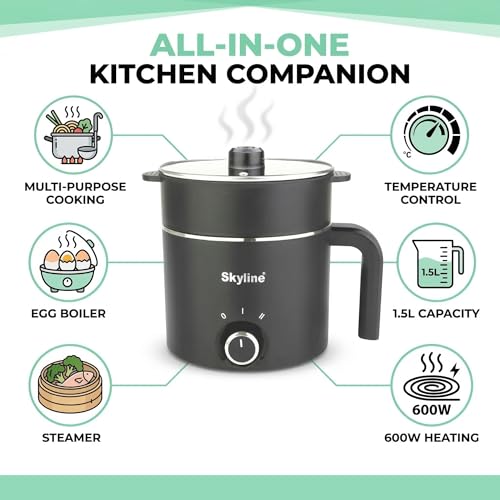 Image of Skyline Multi-Purpose Electric Kettle with Steamer and Egg Boiler, 1.5L, 600W, Temperature Control, VTL-9091 (Black)