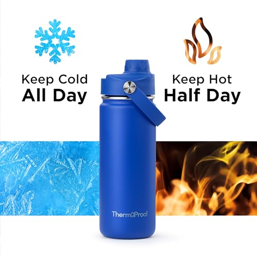 Image of ThermoProof Insulated Water Bottle - Stainless Steel, Wide Mouth, Screw Lid & Spout Lids, Leakproof, Dishwasher Safe, Reusable - Keeps Drinks Hot or Cold - for Adults & Kids - 18oz, Blue