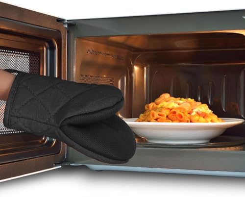 1 Pair Short Oven Mitts, Heat Resistant Silicone Kitchen Mini Mitts for 500 Degrees, with Non-Slip Grip Surfaces and Hanging Loop, Oven Gloves for Grilling Barbecue Microwave Machine (Black) - Image 5