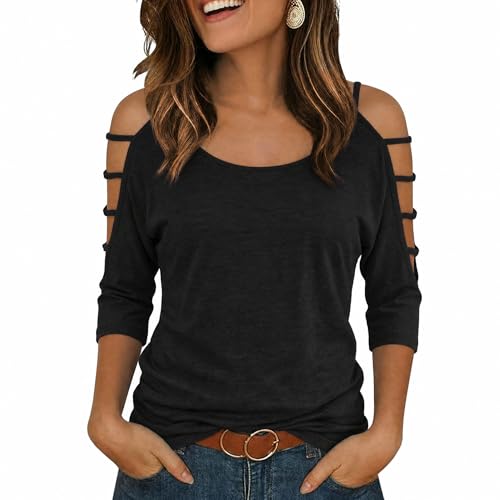 Shirts for Women Cold Shoulder 3/4 Sleeve Cutout Arm Tops Sexy Summer Casual Y2k Cute Blouse Tops for Daily,XL,Black