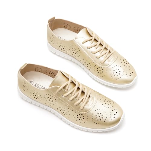 GLAMORA Zapatos Planos Mujer con Cordones, Transpirables y Calados, Suela Ligera y Flexible Negro Beige Blanco y Dorado (Gold, Adulto, Mujer, 36, Números, Sistema Tallas Calzado EU, Estrecho)