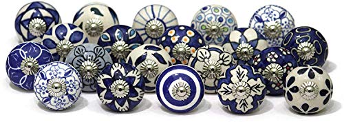 Image of Ceramic Vintage Assorted Blue Pottery Drawer, Door Knobs and Pulls Handle for Kitchen Cabinets Home Interior D�cor (20, Blue) Pack of 20
