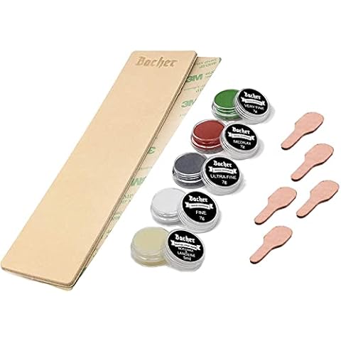 BACHER Premium Stropping Leather DIY - for Sharpening and Honing Knives, Woodcarving Tools - Set of 1/8" Thick Vegetable Tanned Leather (206mm x 56mm), 3M Adhesive Tape, 4 x 7g Polishing Compounds Cover