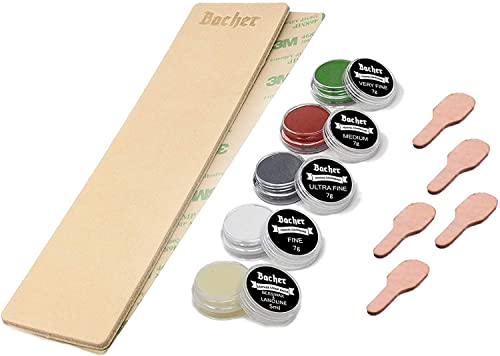 BACHER Premium Schärfset Leder Streichriemen DIY 1/8\" dickes Doppelseitig Rindleder (206mm x 56mm) mit 3M klebeband und Set 4 x 7g Polierpaste Kit