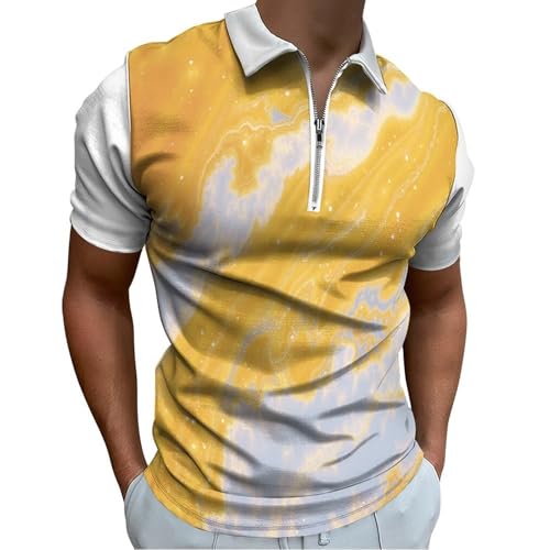 Polo homme manches courtes grande taille jaune imprimé marbre col zippé chic