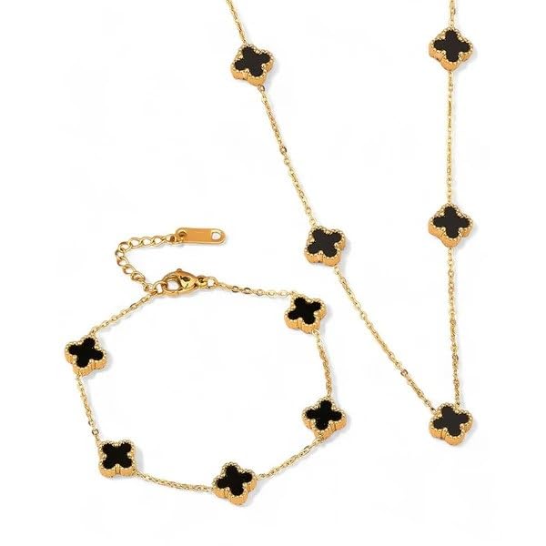 Anti Tarnish four Leaf Clover Bracelet & Pendant for Women 18K Gold Plated Stainless Steel Adjustable Chain, Lucky Charm Beautiful clove Black (combo pack nacklace and bracelet)-image-26