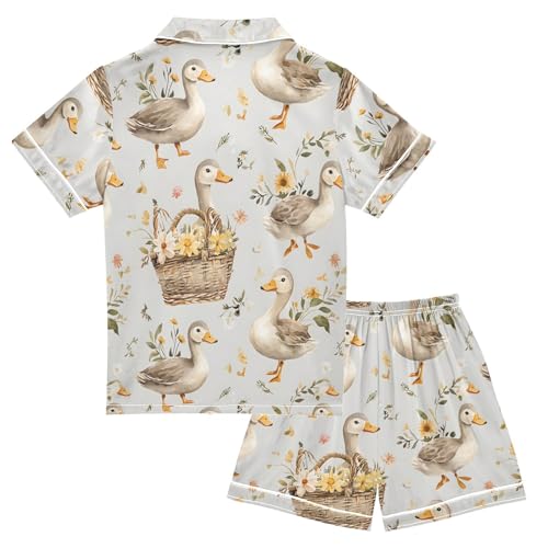 ALAZA Flower Basket Duck Satin Pajamas Set Short Sleeve Button Down Sleepwear Summer Pjs 2 Piece2
