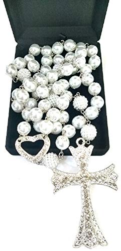 Terço Noiva Banho De Prata Perolas Brancas Pingente Coração