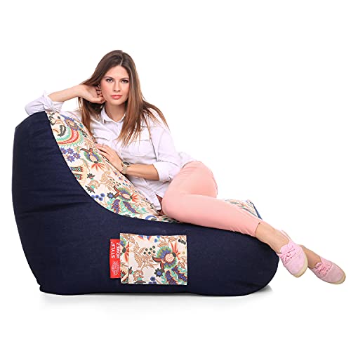 Image of Style Homez Urban Design Denim Canvas Floral Printed Chair Bean Bag XXL Size Filled with Beans Fillers