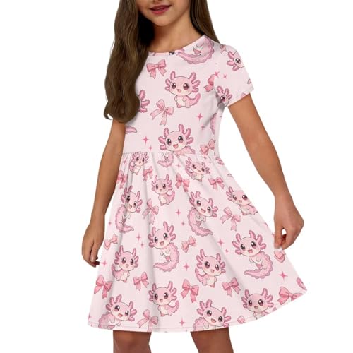 Image of Girls Dress with Pockets Basic Short Sleeve High Waist Swing Skater Dress School Party Dress for Kids