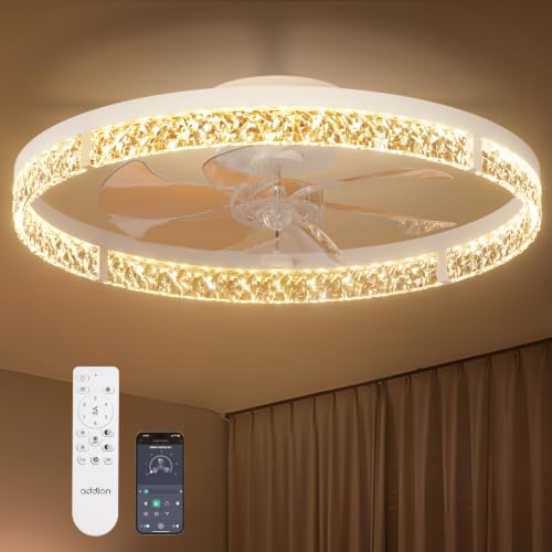 Image of addlon Ceiling Fans with Lights and Remote, 24'' Low Profile Flush Mount Ceiling Fan, 3000-6000K Dimmable LED Fandelier, Bladeless Crystal Fan Light for Bedroom, Kitchen, Living Room, White