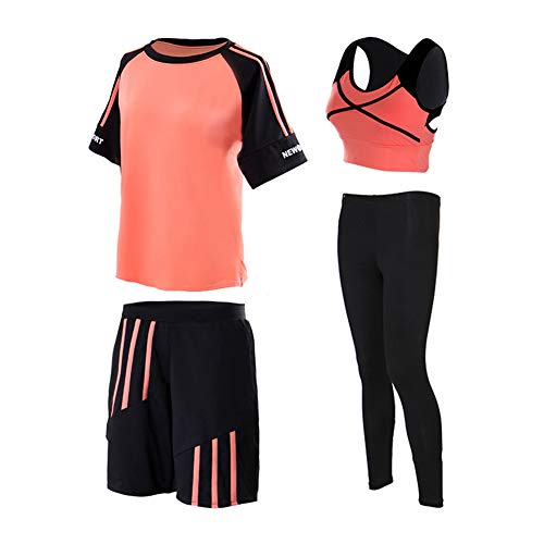 TIAN Women's yoga wear, quick-drying clothes, casual fitness sportswear, four-piece suit, comfortable and breathable, good elasticity, suitable for fitness/yoga practice,Orange,M