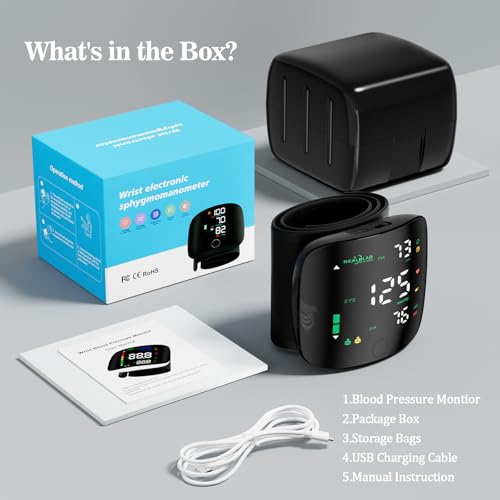 Image of Wrist Blood Pressure Monitor for Home Use - Dual User Memory 99x2, Adjustable Cuff (5.3-9.3 inch), Voice Broadcast & Portable Case, Large LED Display with Color-Coded Backlight(Black)