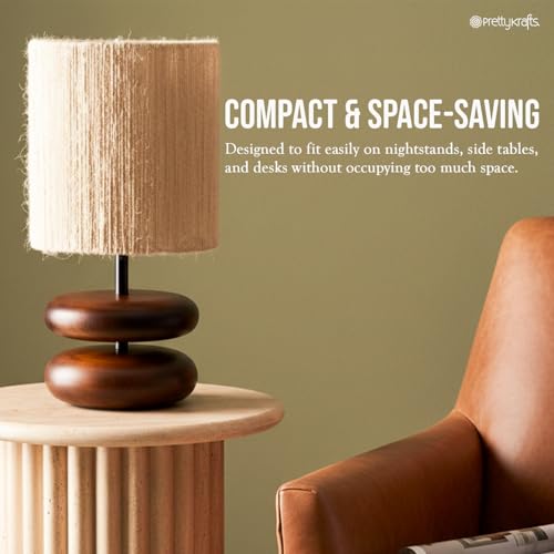 Image of PrettyKrafts Rattan & Wooden Table Lamp (Bulb Not Included) | Size 20 x 20 x 35 cm | Beige Color | Handmade Decorative Bedside & Living Room Lamp | Modern Natural Home Decor Lighting