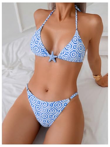MakeMeChic Women's Bikini Sets Geo Print Ring Linked Halter Summer Bathing Suits3