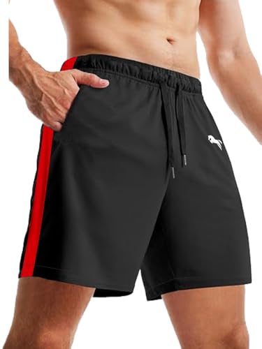 Image of JUST RIDER Men's Athletic Shorts with Side Stripe, Quick Dry, Black and Red, with Pockets