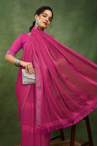 Image of MIRCHI FASHION Saree for Woman Georgette Solid with Satin Stripes | Stone Border Farewell and Ceremonial Sari with Blouse Piece