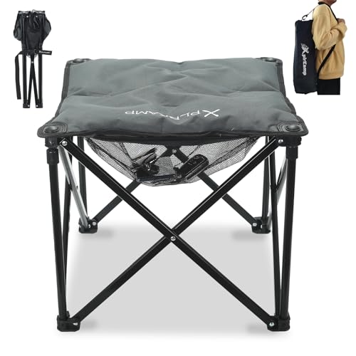 XplrKamp Padded Camping Stool 18 Inch Oversized Camping Foot Rest 500lb Outdoor Folding Camp Chair Portable Camping Ottoman for Camping Gardening w/Storage Net Carry Bag (1 DarkGreen)