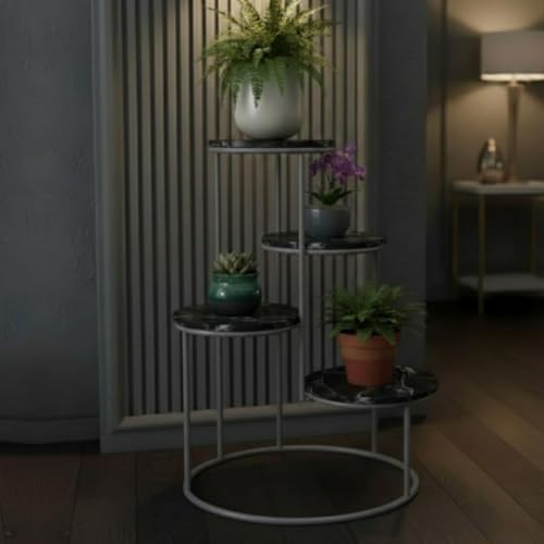 Image of Modern 4-Tier Plant Stand Indoor Metal & Wood | 60 cm Tall Multi-Level Flower Pot Stand | Heavy Duty Corner Plant Rack for Living Room, Balcony, Garden | Decorative Plant Holder for Indoor Use (Black Silver)
