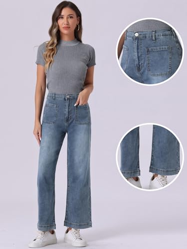 Allegra K Wide Leg Jeans for Women's High Waisted Stretchy Straight Leg Jeans Buttoned Loose Denim Pants2