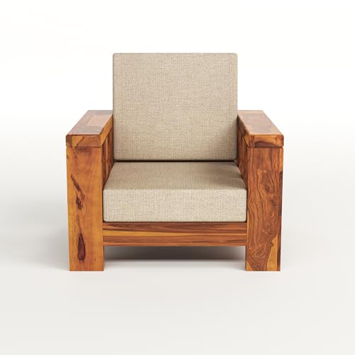 Image of Solid Sheesham Wood Single Seater Sofa Chair for Living Room - Single Sofa Chair Wooden Sofa Single Seater with Comfortable Cushion Seating (Honey, Haney 1 Seater)