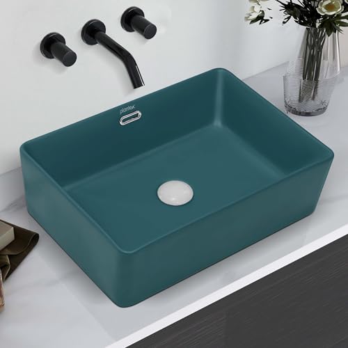 Image of Plantex Ceramic Washbasin for Bathroom /Rectangle Tabletop Wash Basin /Countertop Vessel Sink for Home /Office (Matt Green - 20 x 14 x 6 Inch)