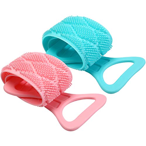 2 Pieces Silicone Back Scrubber Exfoliating Bath Body Belt Brush Silicone Back Washer for Shower Men Women Bathroom Supplies (Pink and Blue)