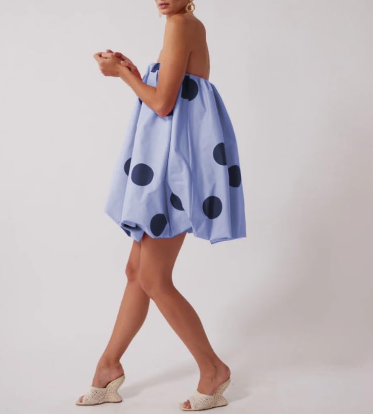 Image of Faretumiya Women Polka Dot Bubble Mini Dress Strapless Flowy Short Tube Dress Off Shoulder Y2k Balloon Dress Party Beach(