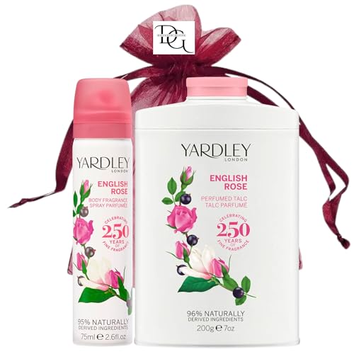 English Rose Bundle with Fragranced Talcum Powder 200g and Fragranced Deodorising Body Spray 75ml with Deluxio Gifts Gift Bag