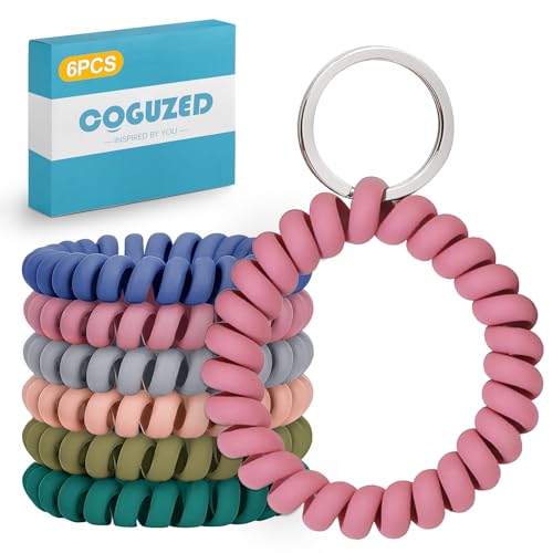 Image of CoguZed 6 Pack Flexible Spiral Wrist Coil Keychain Bracelet, Stretchy Wrist Key Holder, Key Chain Bracelet for swimming Sauna Gym with Steel Key Ring for Men & Women