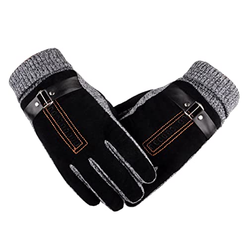 NOLITOY Men's Winter Windproof Gloves Thick Warm Pigskin Leather Mittens with Fleece Lining for Cycling Driving and Outdoor Activities Black