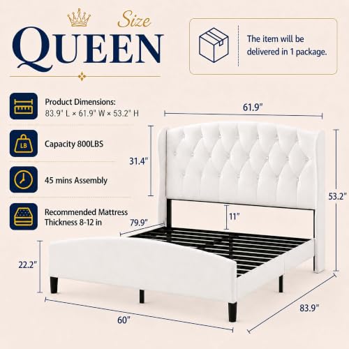Image of Decoholic Queen Size Upholstered Bed Frame with 53.2 inch Wingback Headboard