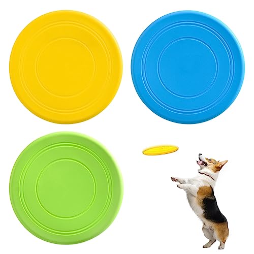 TSHAOUN 3 discos voladores para perros, juguete de disco volador para perros, platillo volador de goma suave natural para mascotas, para diversión interactiva al aire libre. 7 pulgadas (amarillo,